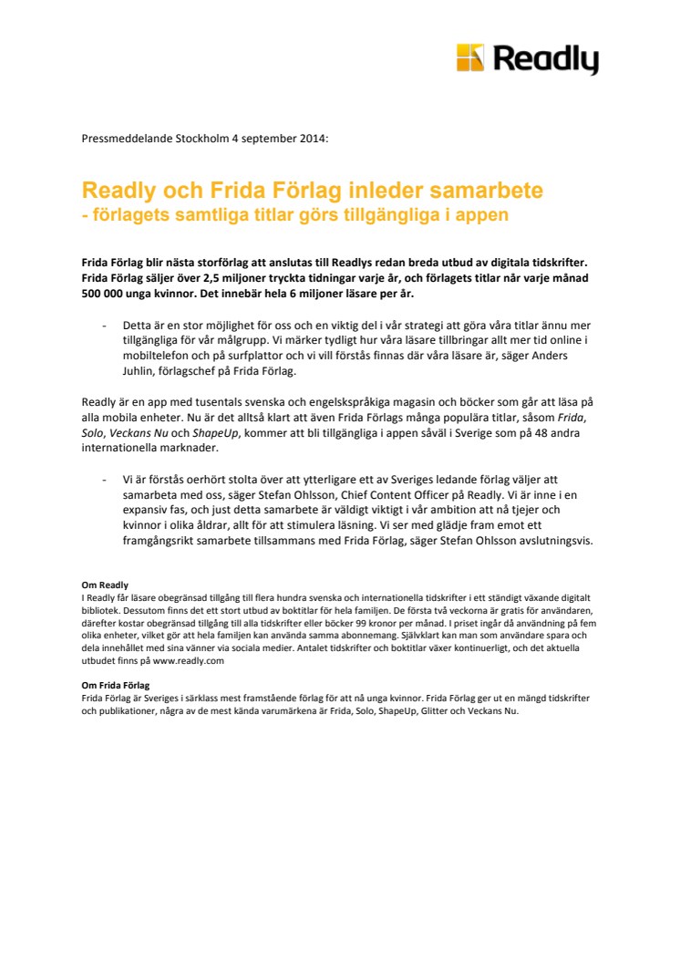Readly och Frida Förlag inleder samarbete - förlagets samtliga titlar görs tillgängliga i appen