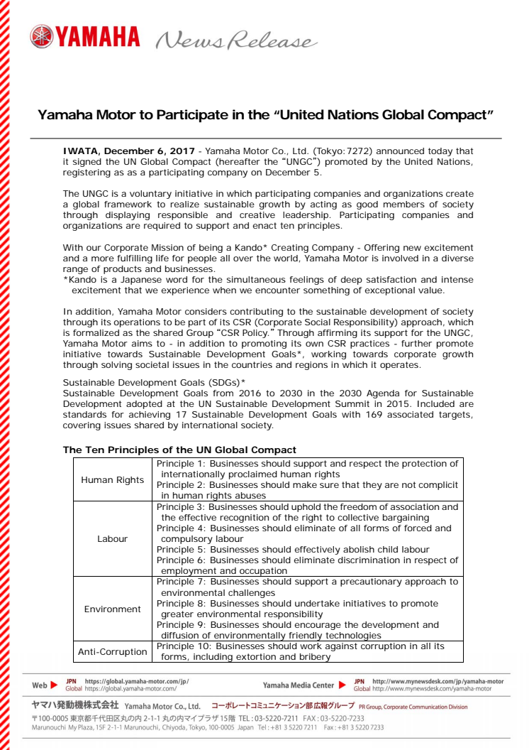 Yamaha Motor to Participate in the “United Nations Global Compact”