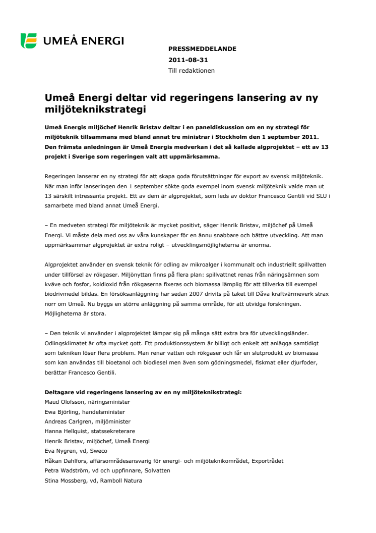 Umeå Energi deltar vid regeringens lansering av ny miljöteknikstrategi