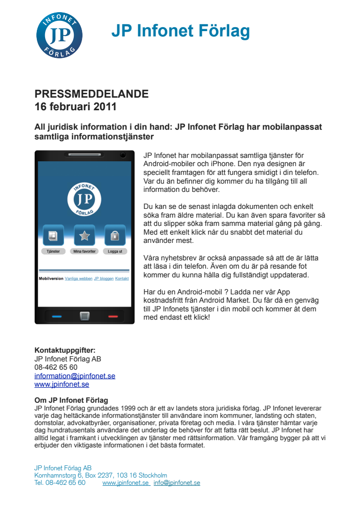 All juridisk information i din hand: JP Infonet har mobilanpassat samtliga informationstjänster
