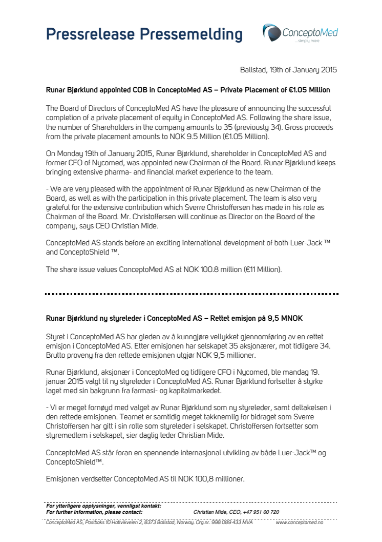 Runar Bjørklund appointed COB in ConceptoMed AS – Private Placement of €1.05 Million
