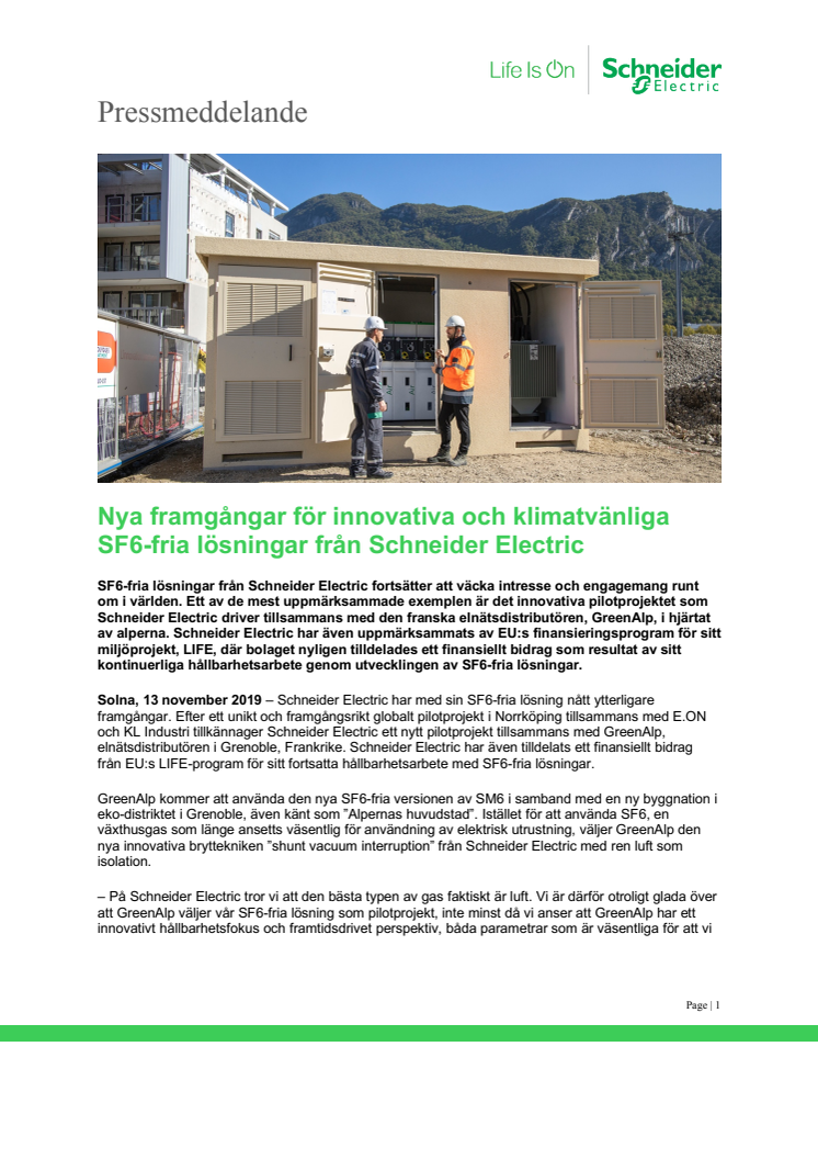 Nya framgångar för innovativa och klimatvänliga SF6-fria lösningar från Schneider Electric