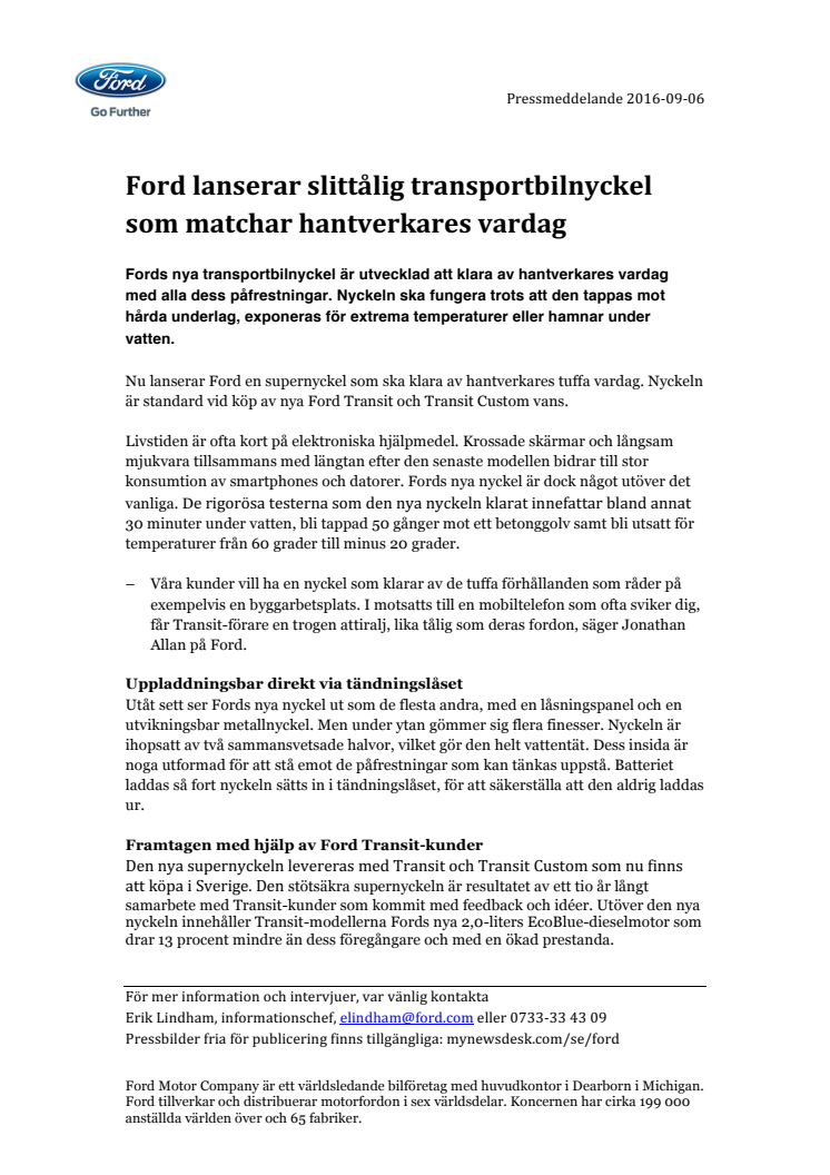 Ford lanserar slittålig transportbilnyckel som matchar hantverkares vardag