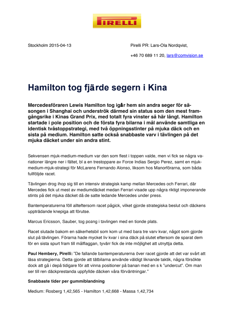 Hamilton tog fjärde segern i Kina