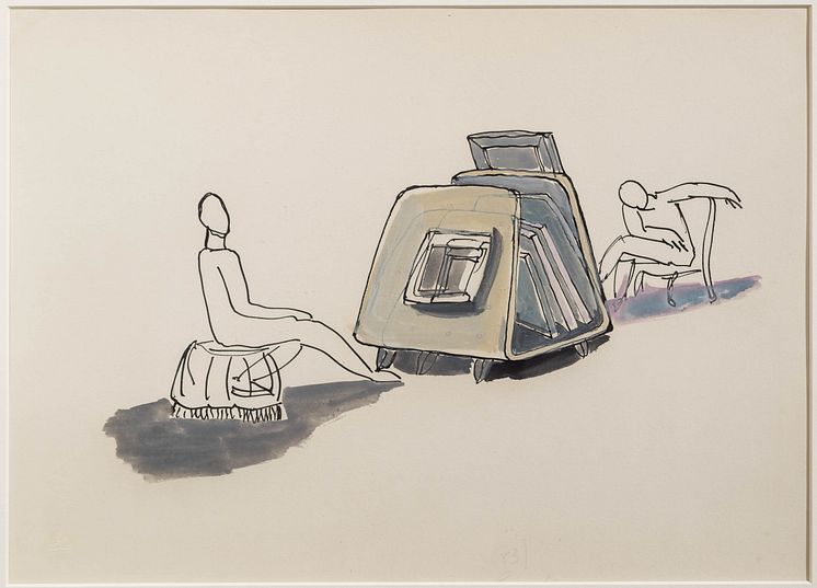 Frederick Kiesler, Studie för presentationsenhet för Painting-Library, 1942. Teckning, indiabläck och gouache på papper