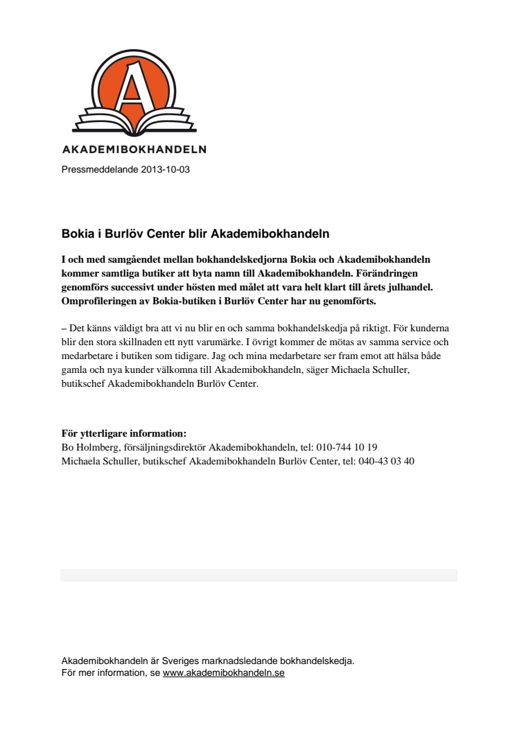 Bokia i Burlöv Center blir Akademibokhandeln 