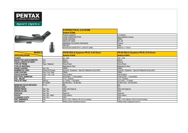 Pentax PR-80 EDA Spottingscope med 20-60x okular,specifikationer