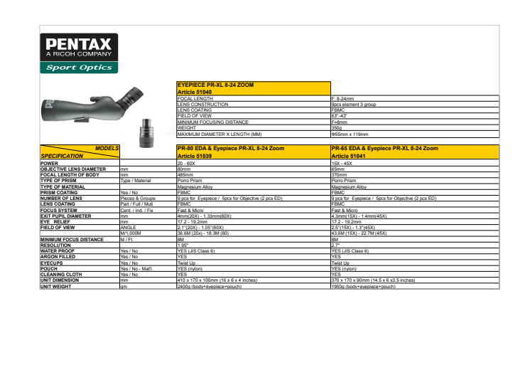 Pentax PR80 EDA specs