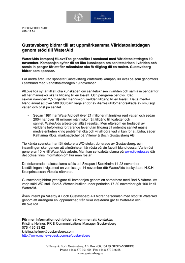 Gustavsberg bidrar till att uppmärksamma Världstoalettdagen genom stöd till WaterAid