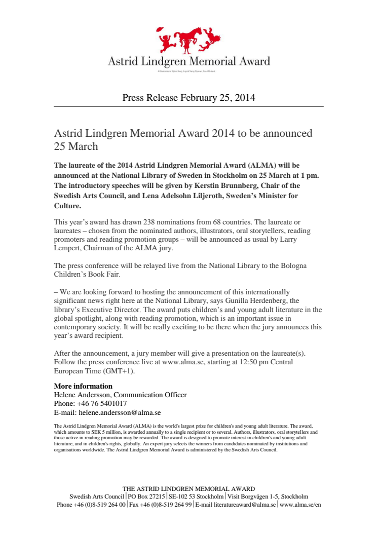 Astrid Lindgren Memorial Award 2014 to be announced 25 March