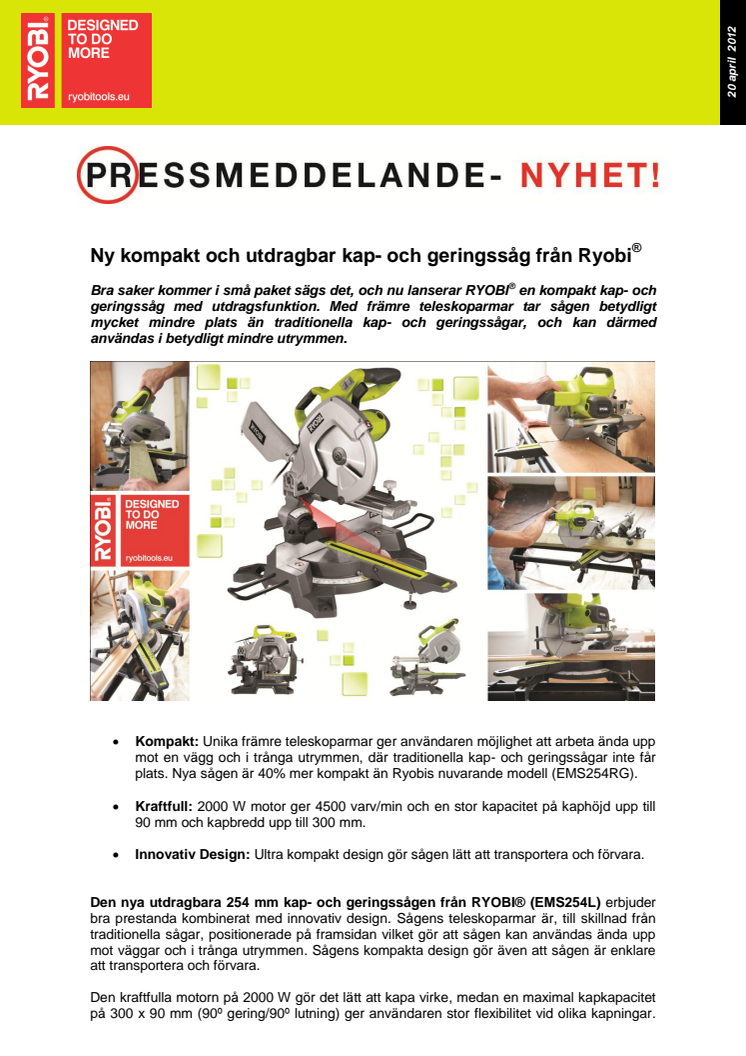 Ny kompakt och utdragbar kap- och geringssåg från Ryobi®