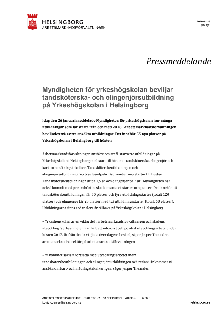 Myndigheten för yrkeshögskolan beviljar tandsköterska- och elingenjörsutbildning på Yrkeshögskolan i Helsingborg