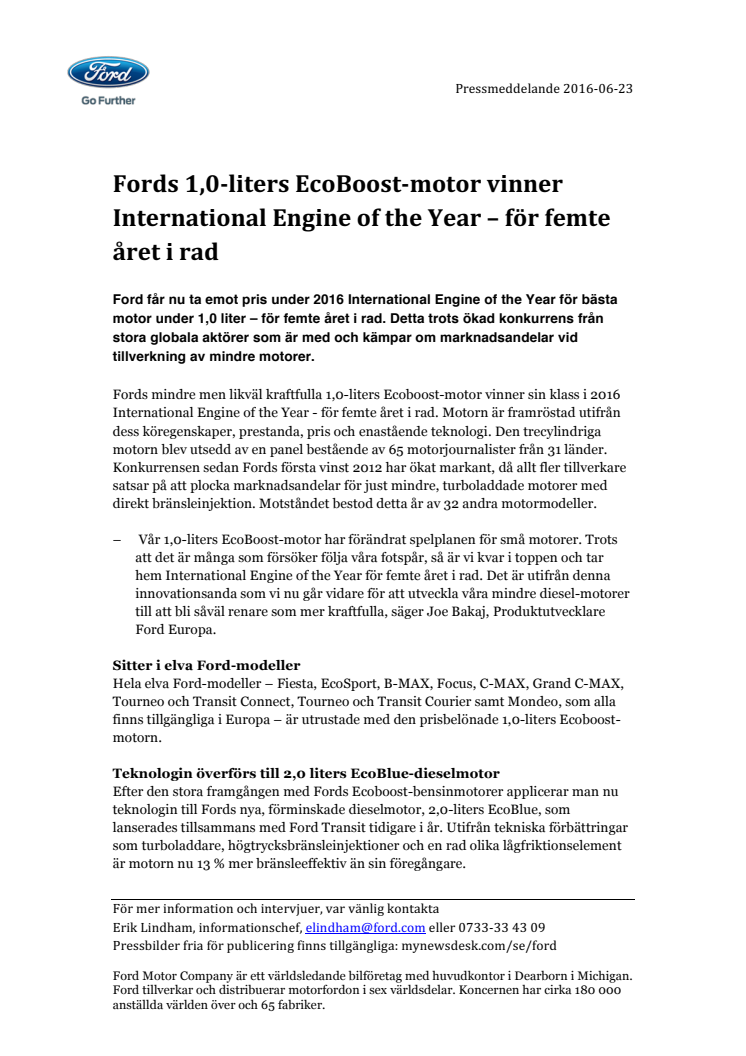 Fords 1,0-liters EcoBoost-motor vinner International Engine of the Year – för femte året i rad 