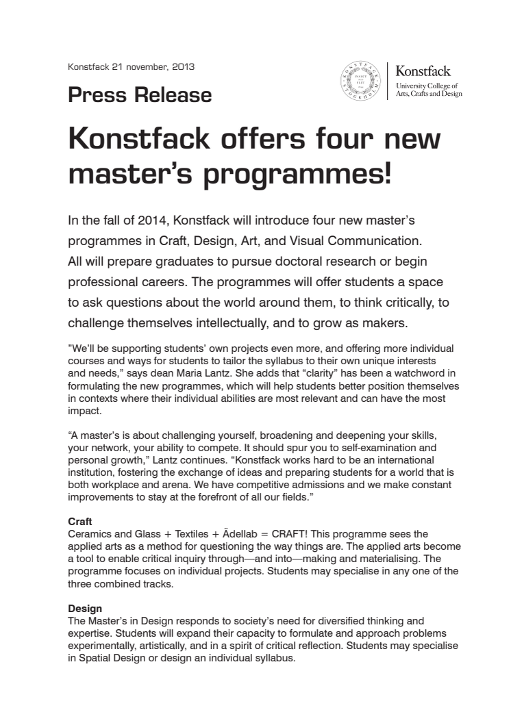 Konstfack offers four new Master’s Programmes!
