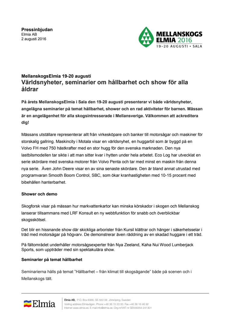 Pressinbjudan: Skogliga världsnyheter, seminarier om hållbarhet och show för alla åldrar