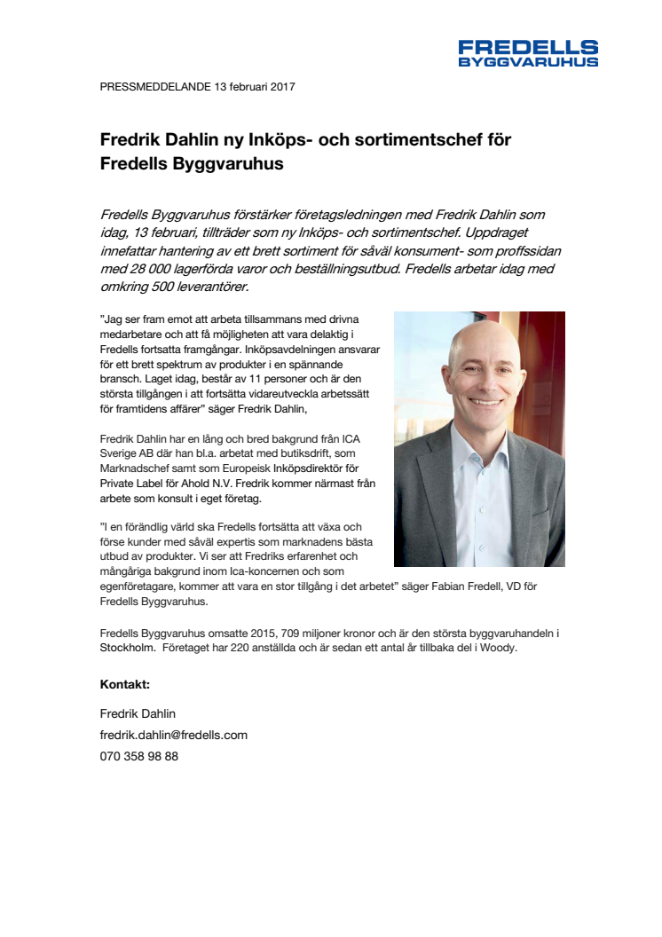 Fredrik Dahlin ny Inköps- och sortimentschef för Fredells Byggvaruhus 