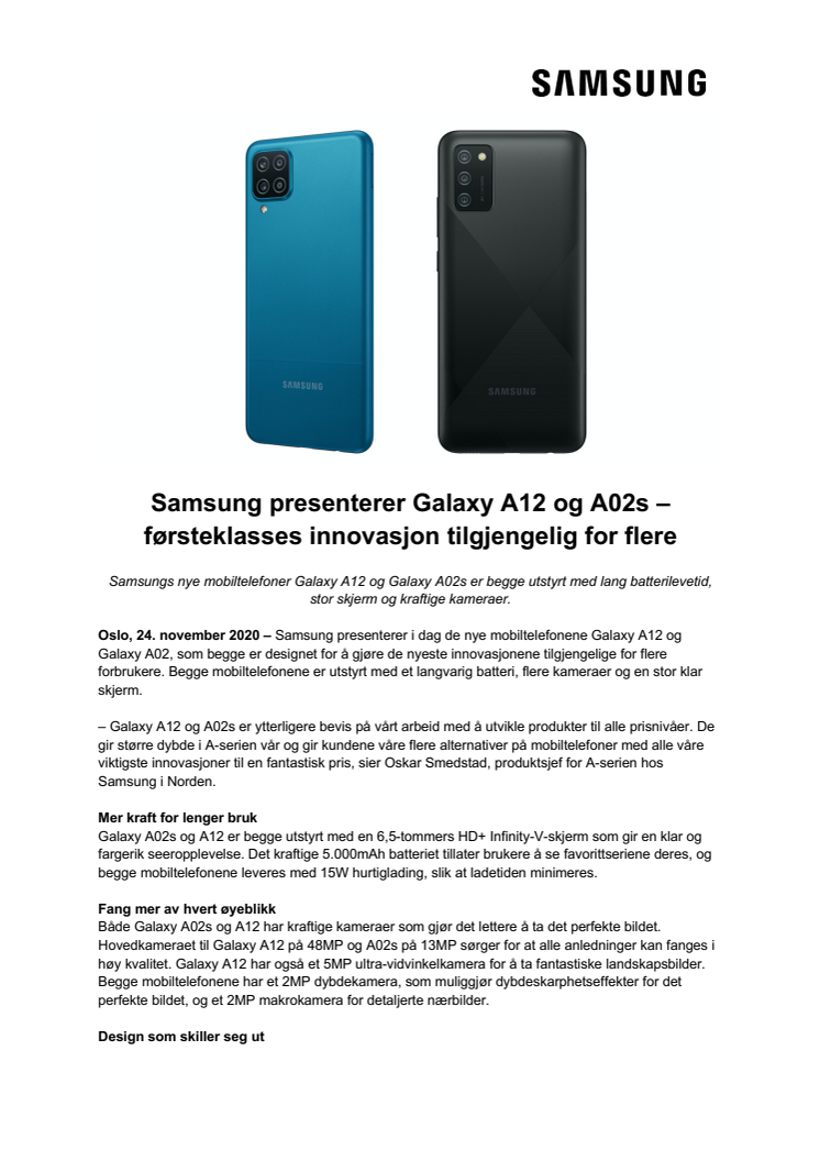 Samsung presenterer Galaxy A12 og A02s – førsteklasses innovasjon tilgjengelig for flere