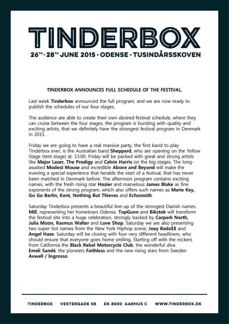 ​  TINDERBOX ANNOUNCES FULL SCHEDULE OF THE FESTIVAL.