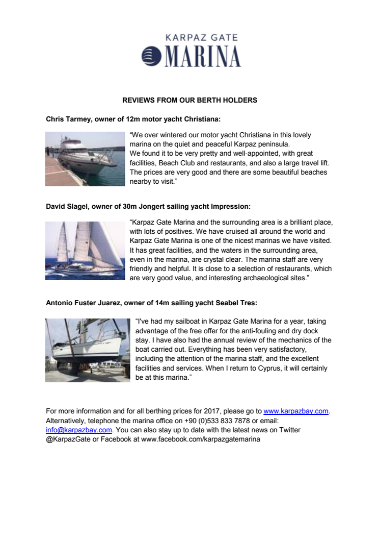 Reviews from berth holders at Karpaz Gate Marina