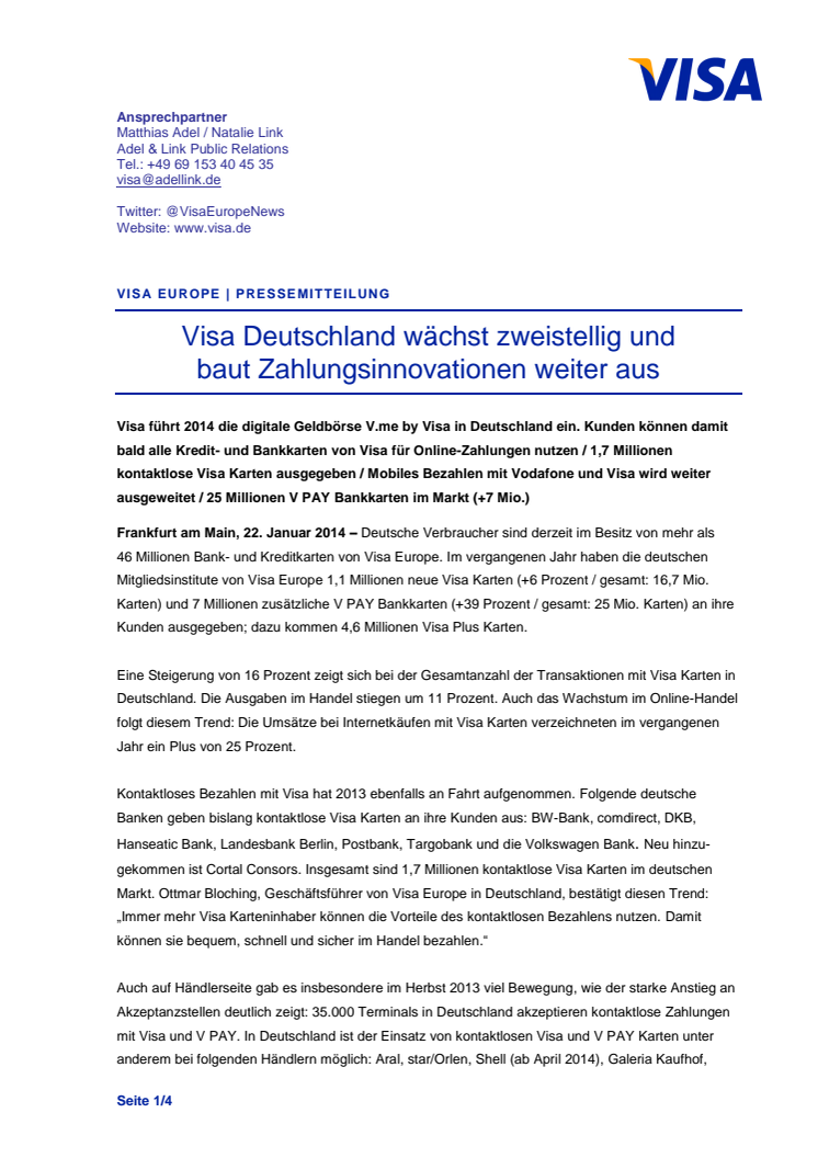 Visa Deutschland wächst zweistellig und baut Zahlungsinnovationen weiter aus 
