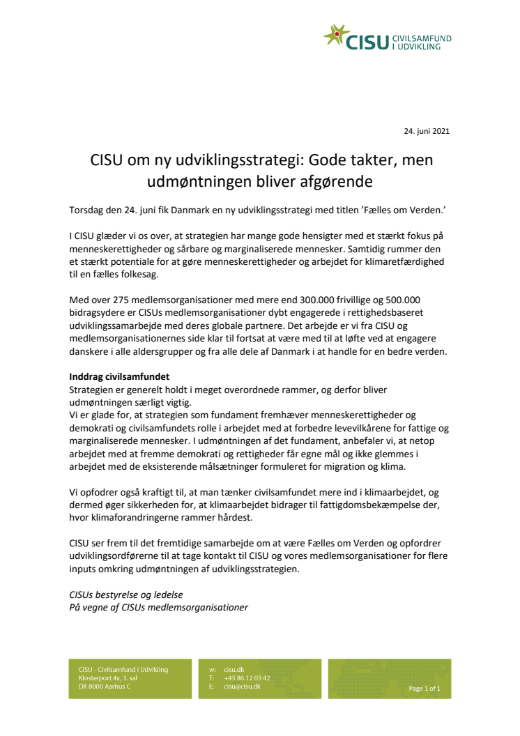 CISUs reaktion på den nye udviklingsstrategi