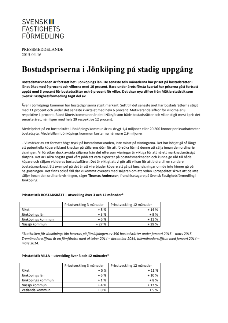 Bostadspriserna i Jönköping på stadig uppgång