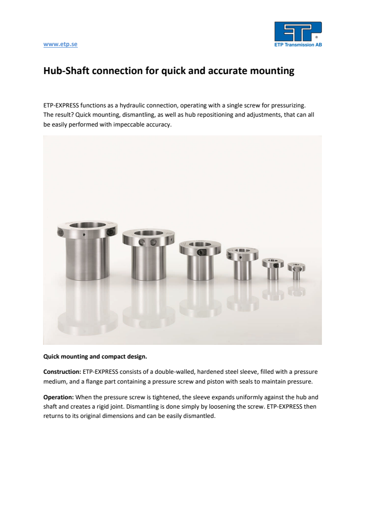 Hub-Shaft connection for quick and accurate mounting