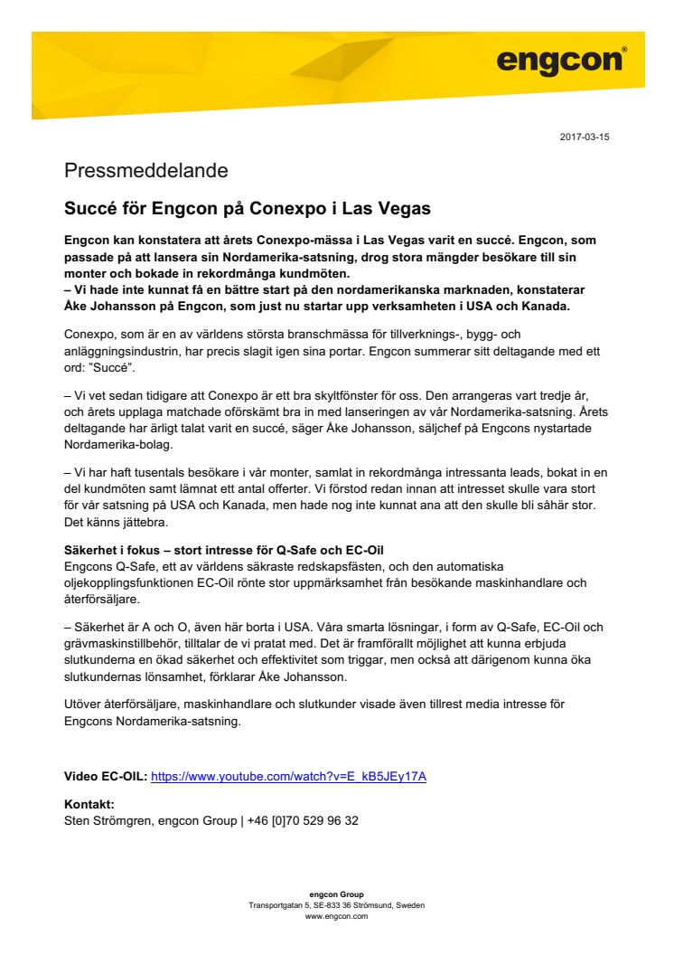 Succé för Engcon på Conexpo i Las Vegas