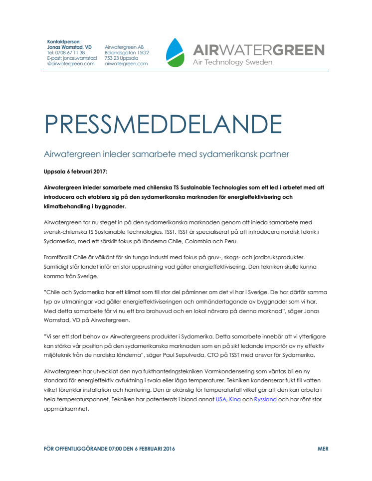 Airwatergreen inleder samarbete med sydamerikansk partner
