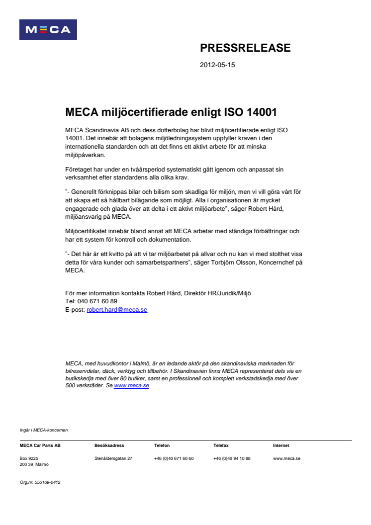 MECA miljöcertifierade enligt ISO 14001