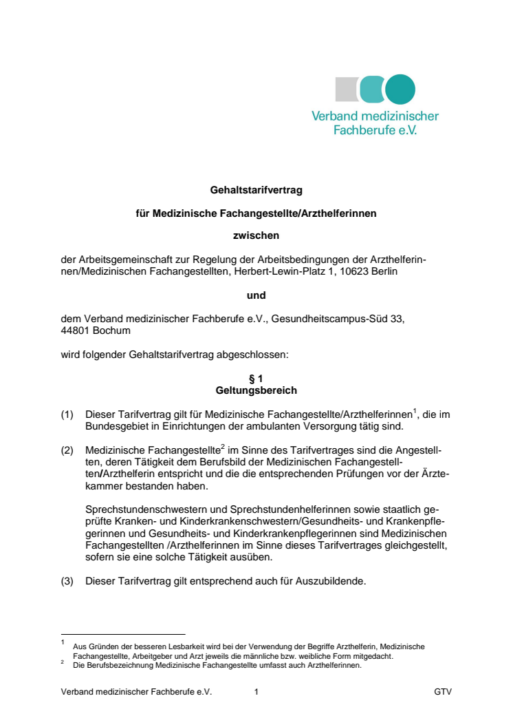 Gehaltstarifvertrag für medizinische Fachangestellte/ArzthelferInnen gültig ab 01.04.2017