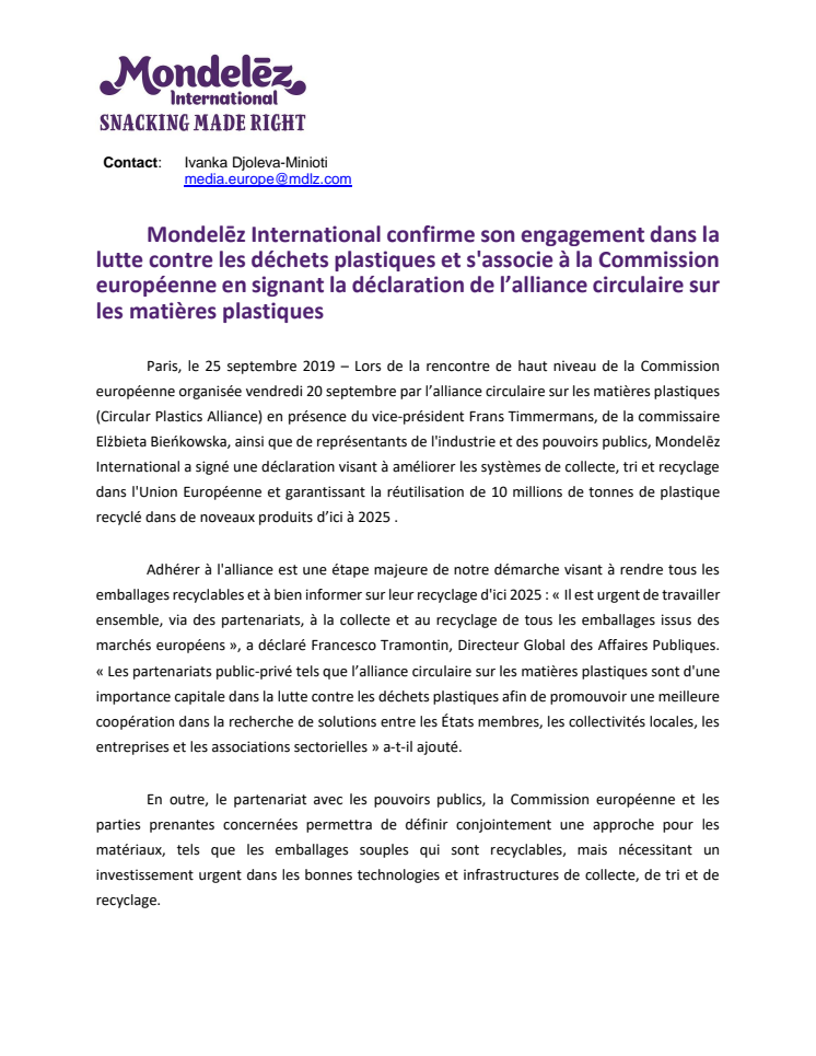 Mondelēz International confirme son engagement dans la lutte contre les déchets plastiques et s'associe à la Commission européenne en signant la déclaration de l’alliance circulaire sur les matières plastiques