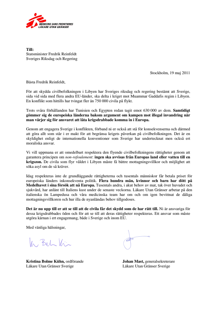 Öppet brev från Läkare Utan Gränser till Fredrik Reinfeldt om Libyen