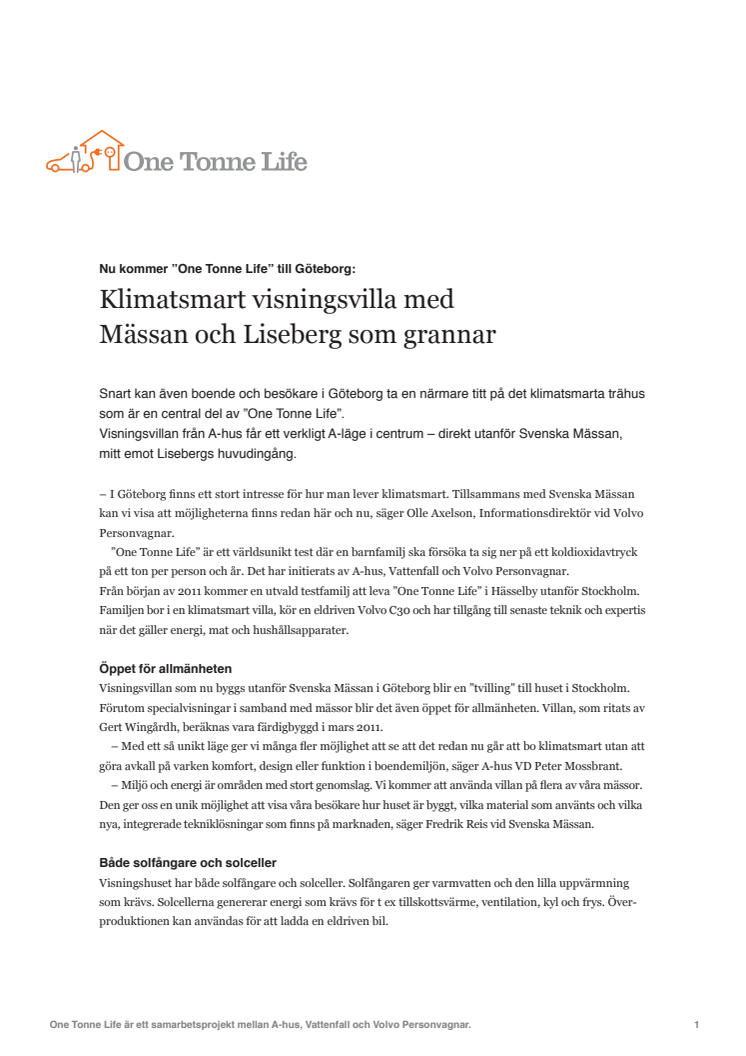 Nu kommer ”One Tonne Life” till Göteborg: Klimatsmart visningsvilla med Mässan och Liseberg som grannar