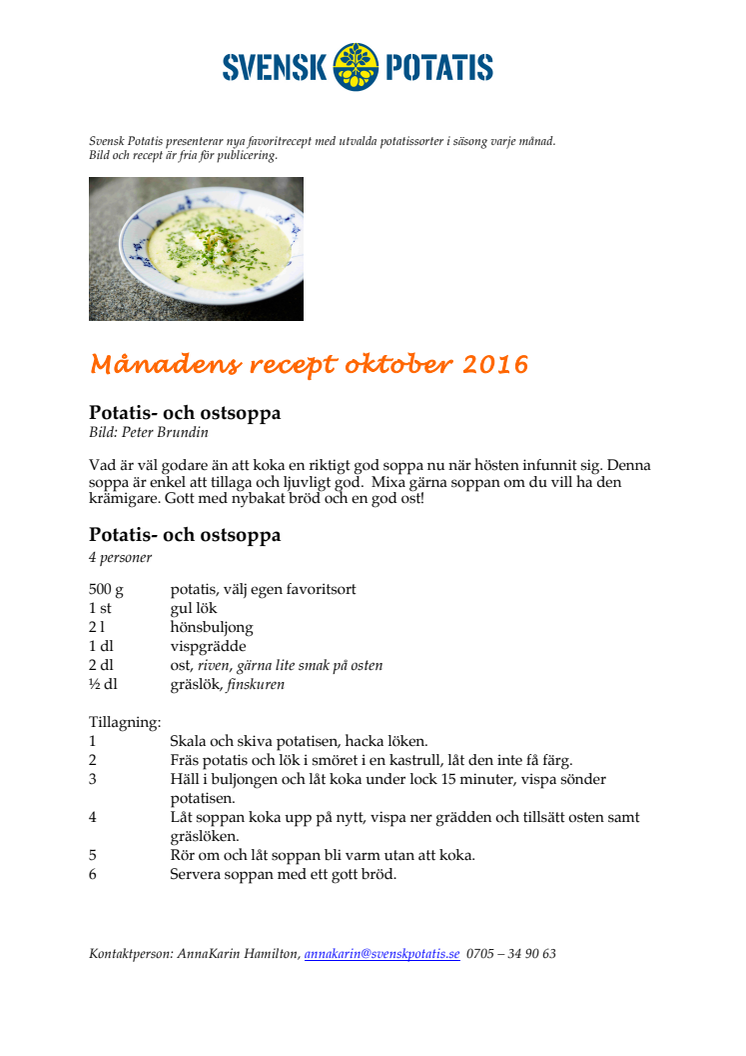 Månadens recept oktober - Potatis- och ostsoppa