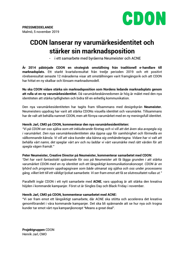 CDON lanserar ny varumärkesidentitet och stärker sin marknadsposition - ​i ett samarbete med byråerna Neumeister och ACNE