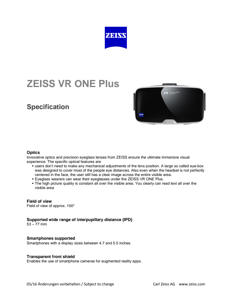 Zeiss VR ONE Plus, specifikationer