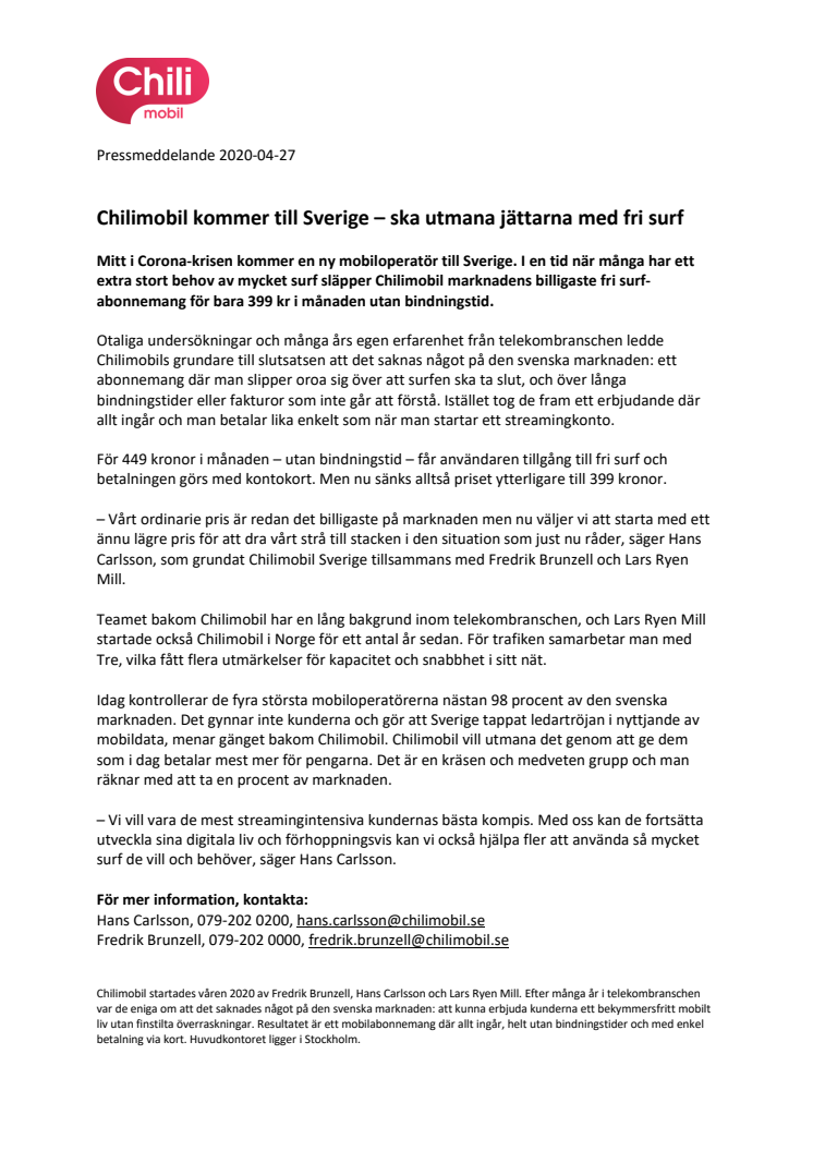Chilimobil kommer till Sverige – ska utmana jättarna med fri surf