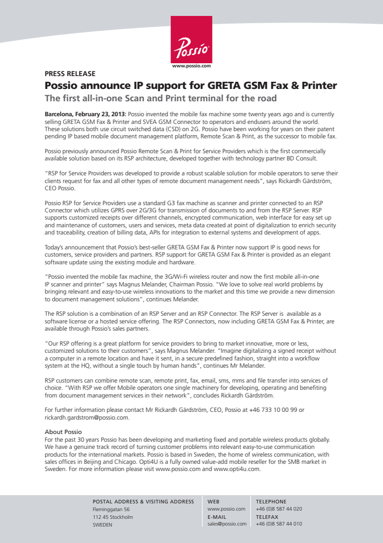 Possio announce IP support for GRETA GSM Fax & Printer