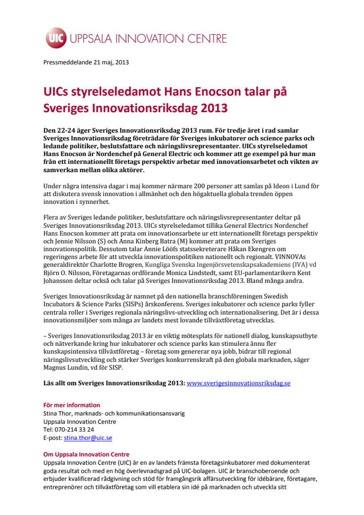 UICs styrelseledamot Hans Enocson talar på Sveriges Innovationsriksdag 2013