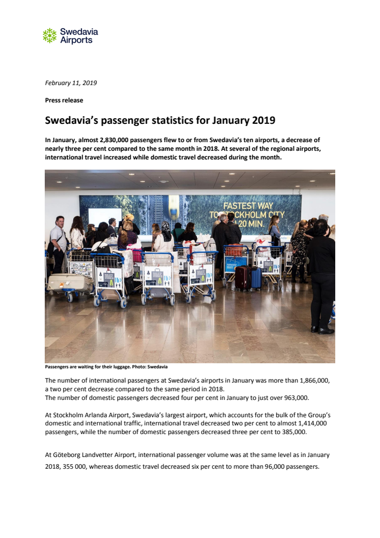 Swedavia's passenger statistics for January 2019