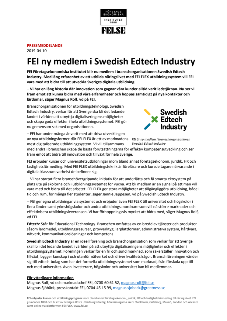 FEI ny medlem i Swedish Edtech Industry