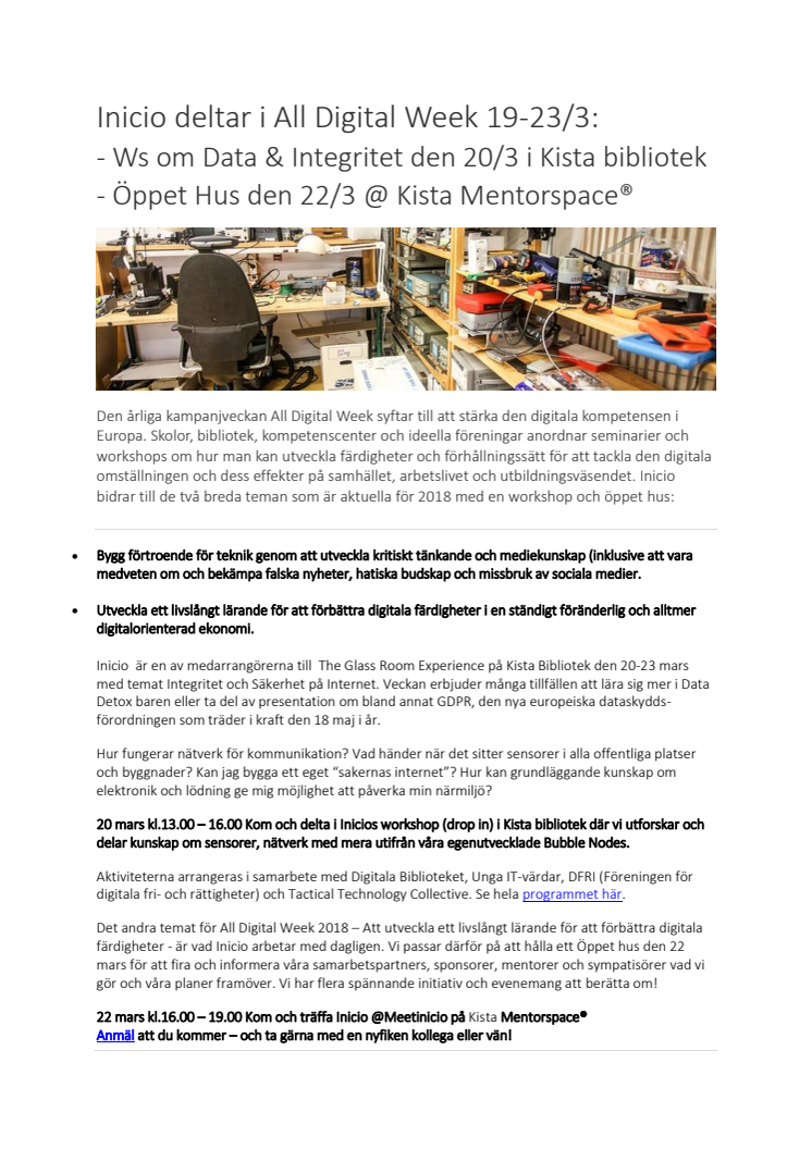 Inicio deltar i All Digital Week med  workshop om Data och Integritet den 20/3 samt Öppet Hus den 22/3 