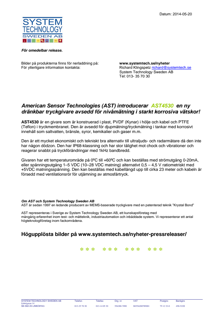AST4530 - tryckgivare för nivåmätning i korrosiva vätskor