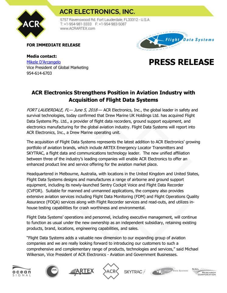 ACR Electronics Strengthens Position in Aviation Industry with Acquisition of Flight Data Systems