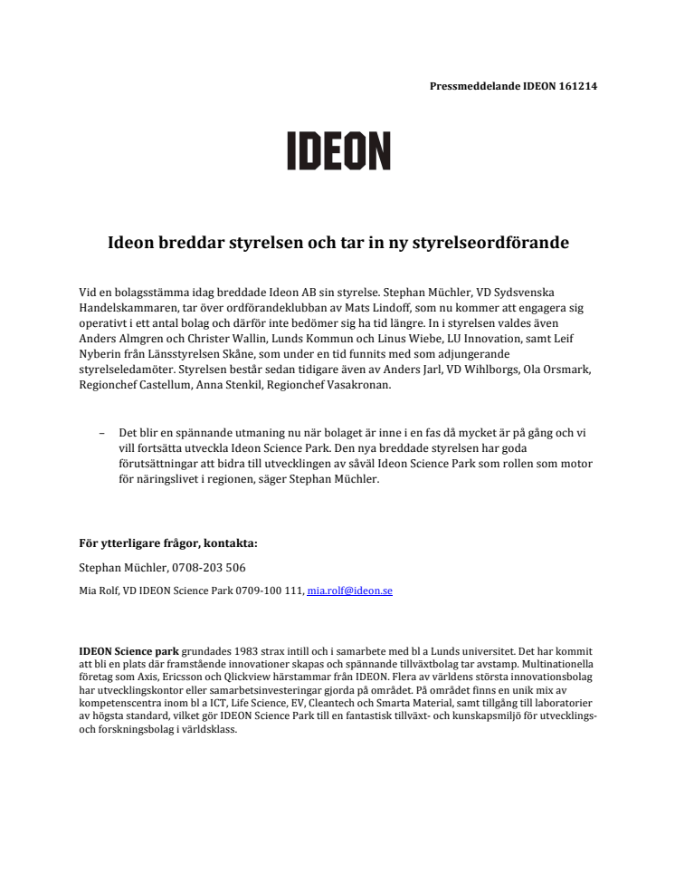 Ideon breddar styrelsen och tar in ny styrelseordförande