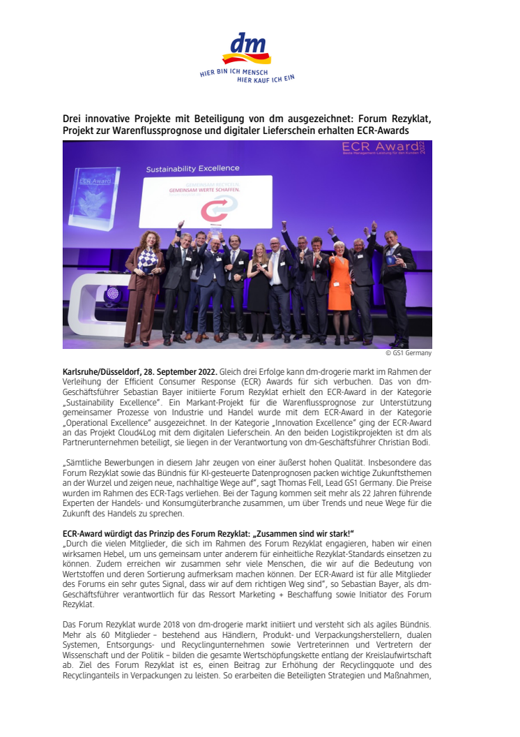 Drei innovative Projekte mit Beteiligung von dm ausgezeichnet: Forum Rezyklat, Projekt zur Warenflussprognose und digitaler Lieferschein erhalten ECR-Awards