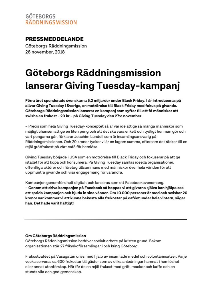 Göteborgs Räddningsmission lanserar Giving Tuesday-kampanj