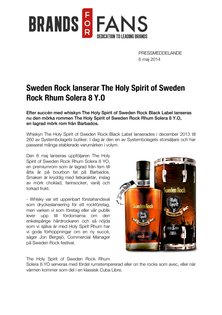 Sweden Rock lanserar The Holy Spirit of Sweden Rock Rhum Solera 8 Y.O