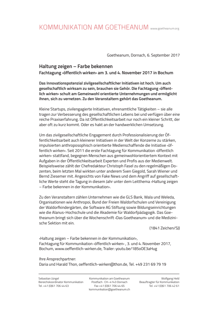 Haltung zeigen – Farbe bekennen. Fachtagung ‹öffentlich wirken› am 3. und 4. November 2017 in Bochum